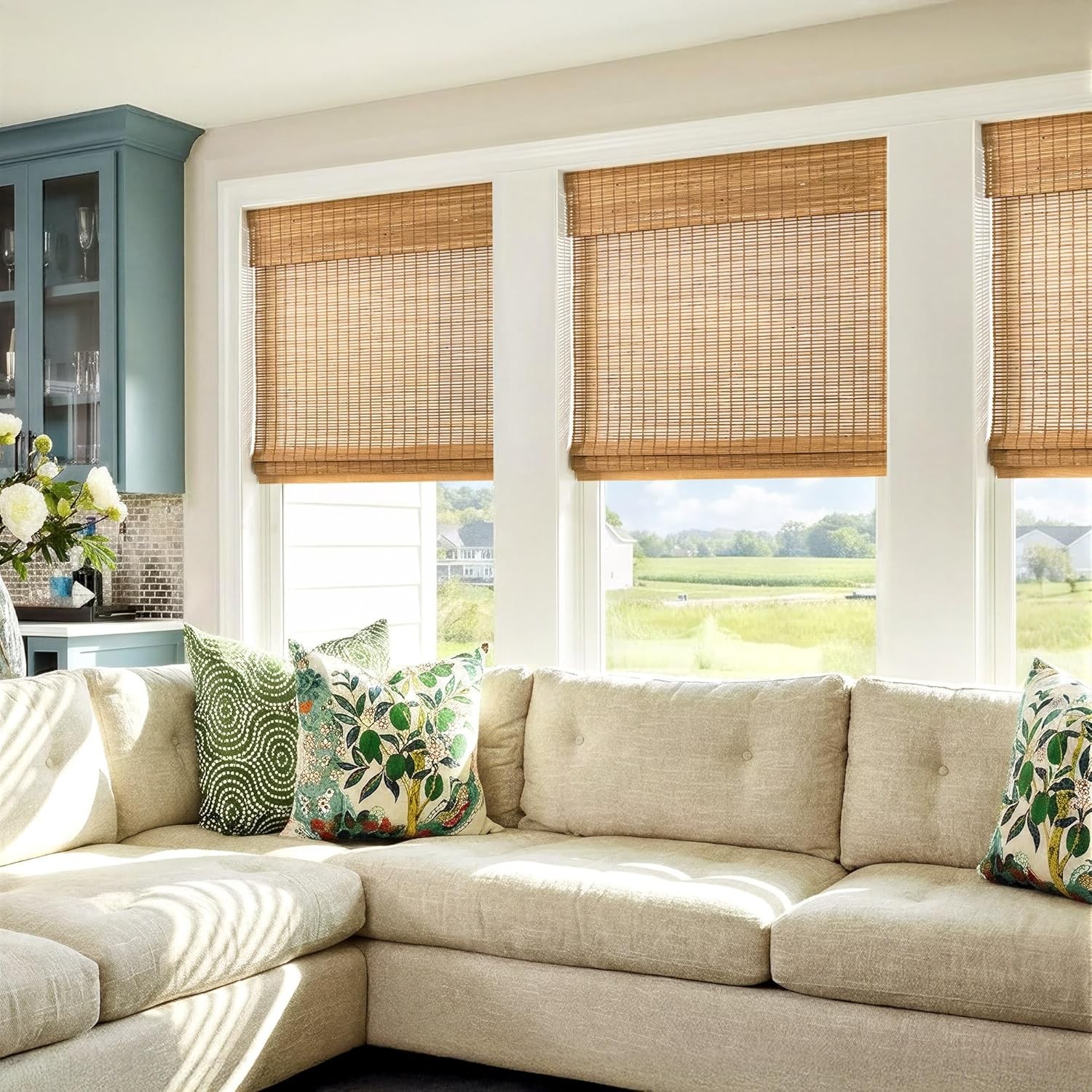 LazBlinds No-Drill Cordless Roman Shade Light Filtering Bamboo 21x48in Window