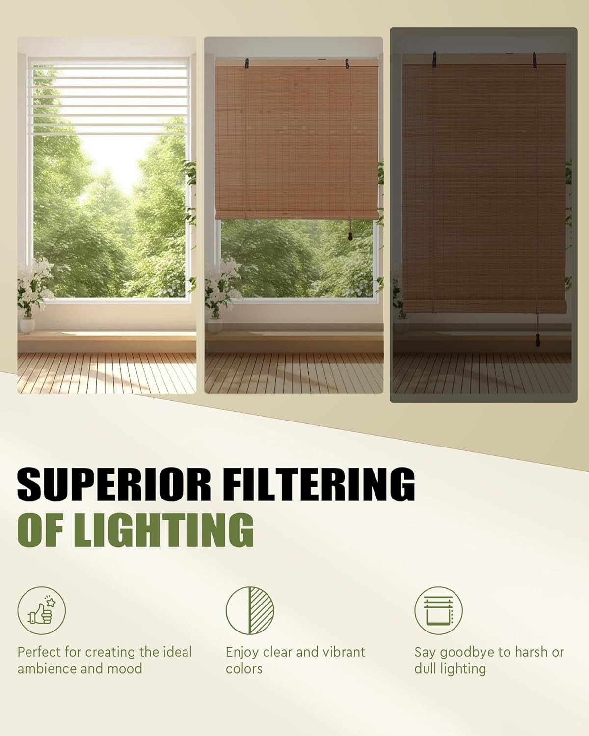 Retro Bamboo Blinds 72″ W x 72″ H Bamboo Roman Shades Light Filtering Roll Up