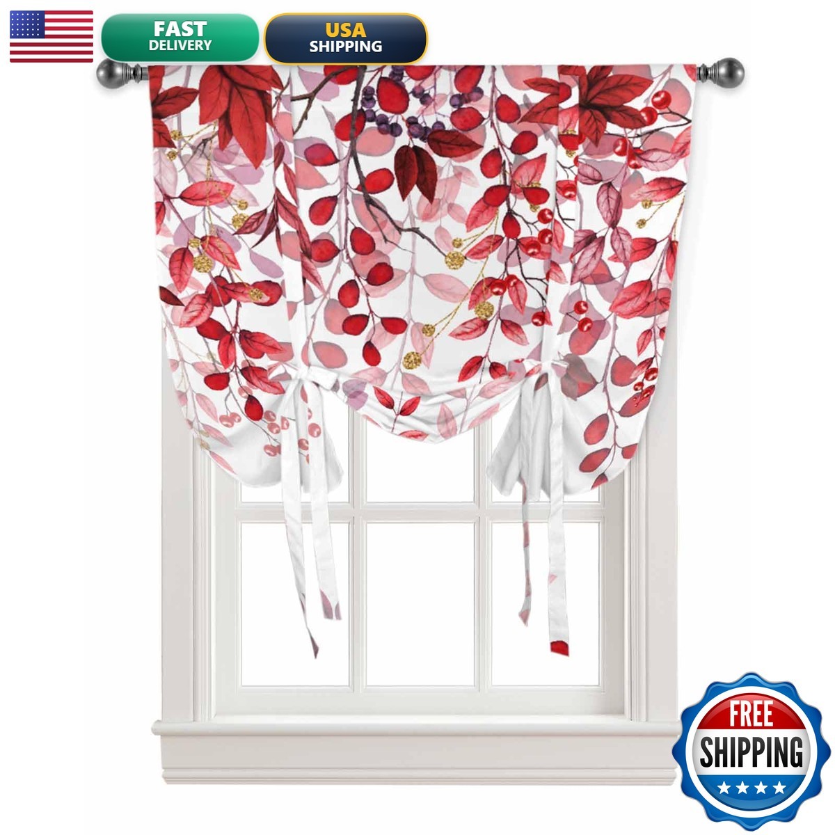 Print Picture Arthome Red Leaves Kitchen Window Shades Tie Up Curtains Rustic