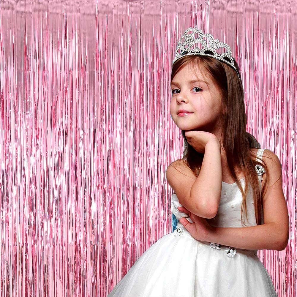 4 Pack Pink Foil Fringe Curtains 3.3ft x 9.8ft Tinsel Backdrop for Parties, Wedd