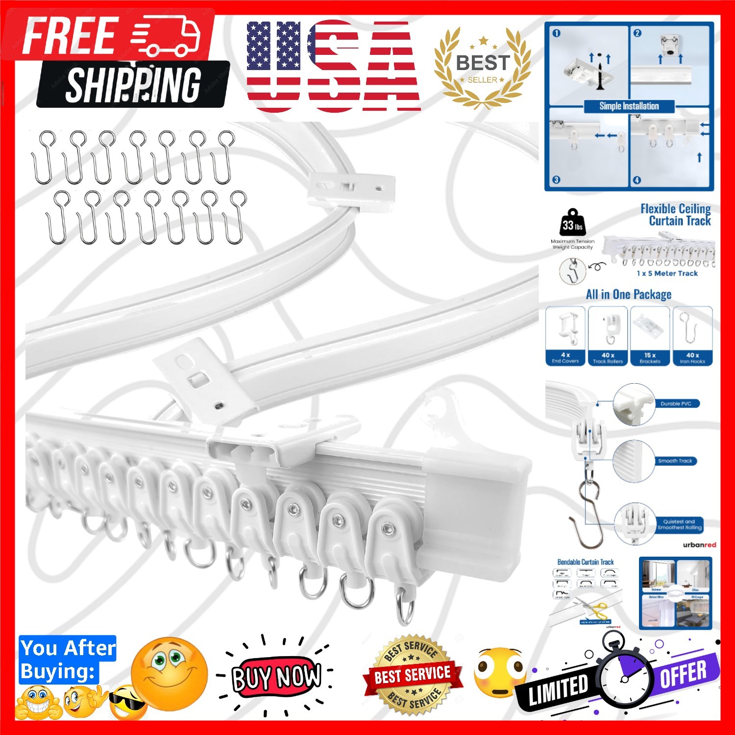 Flexible Ceiling Curtain Track, 5 m 16.4 ft Rail Kit, White | Flexible curtai…