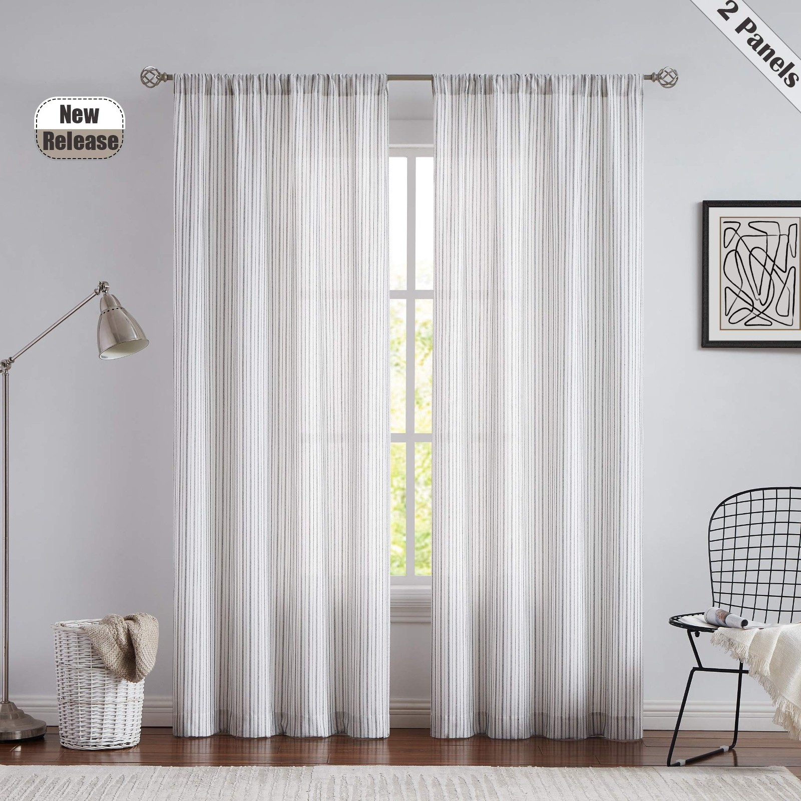 SXZJTEX Black and White Pinstripe Linen Textured Sheer Curtains, 95 Inches Long