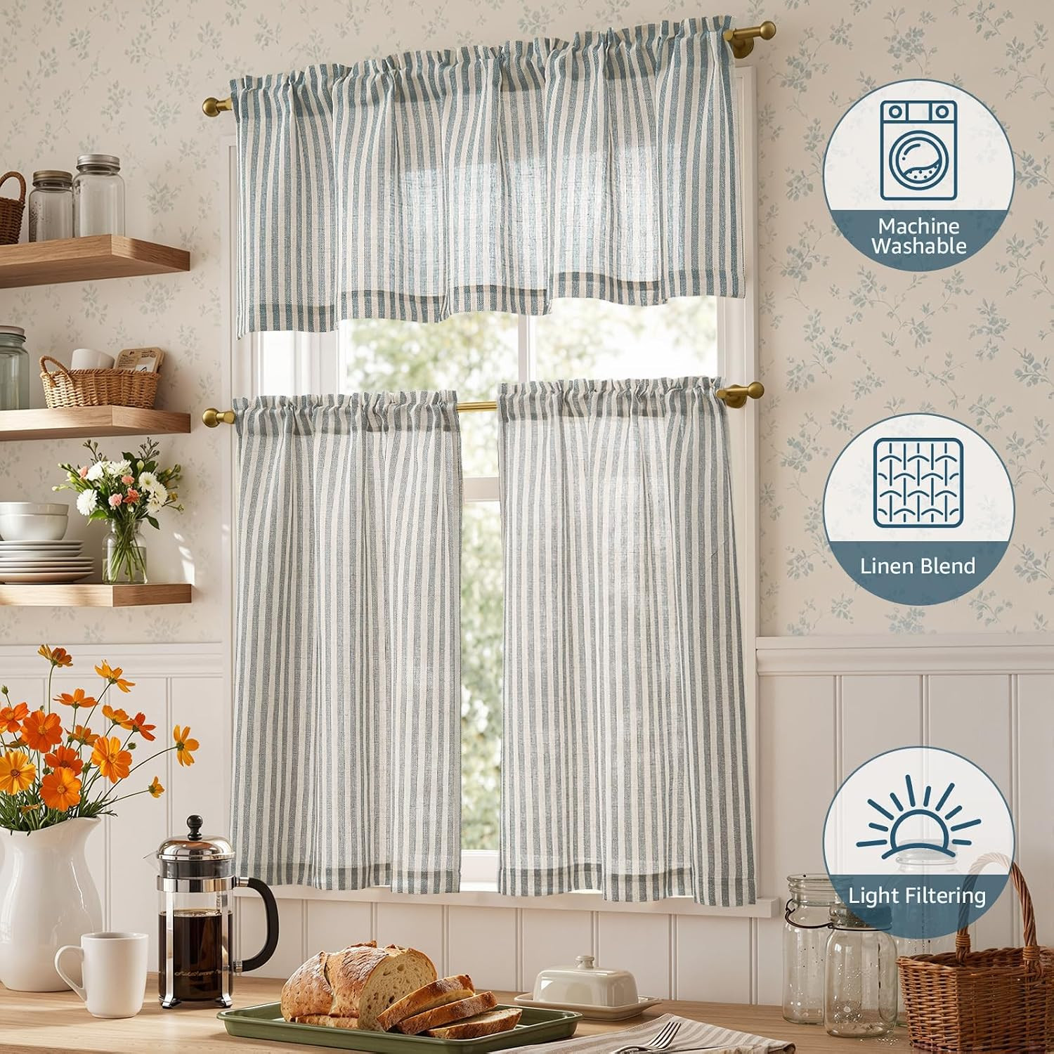 Kitchen Curtains and Valances Set Striped Tier Curtains Ticking Stripe Linen Cu