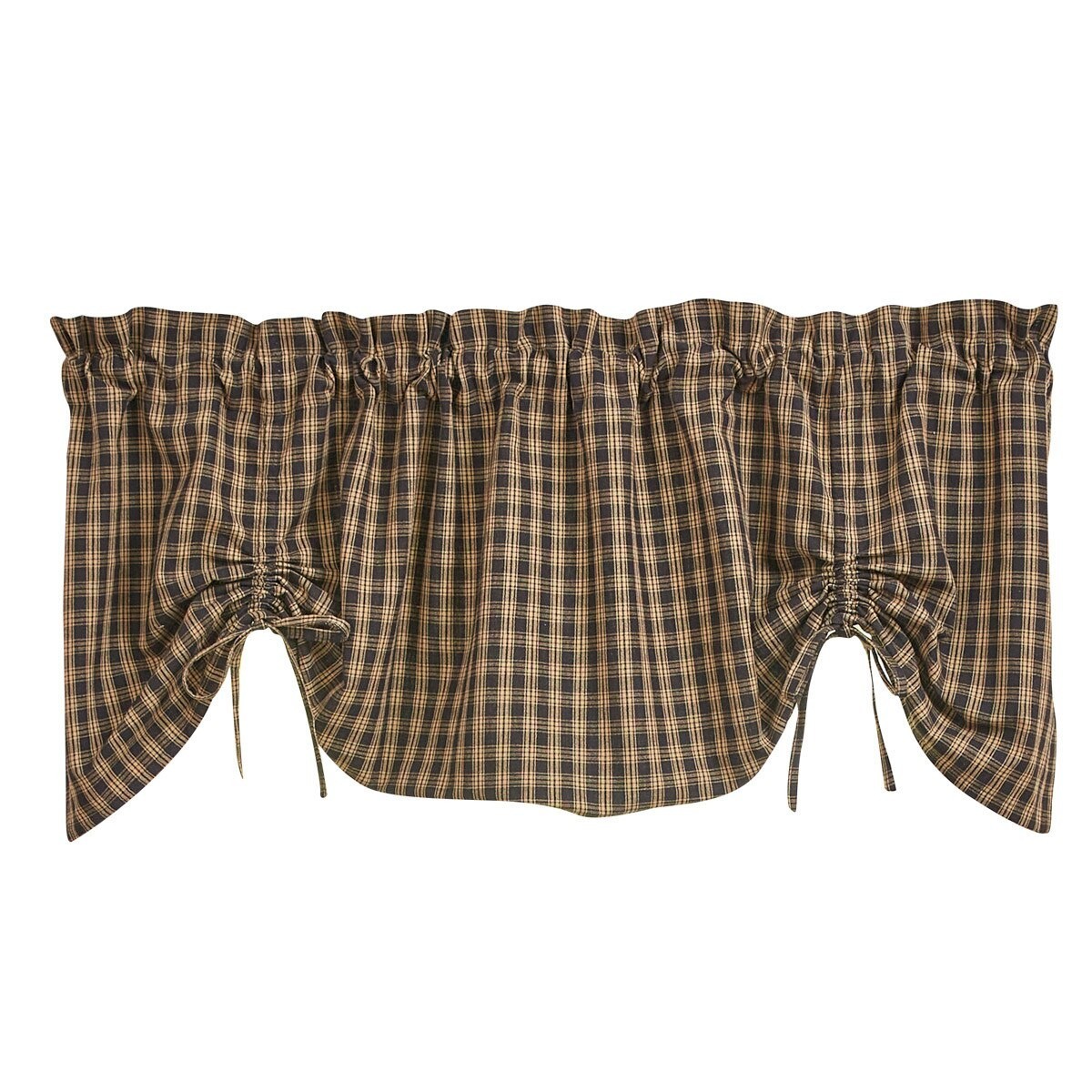 STURBRIDGE PLAID BLACK TAN LINED FARMHOUSE VALANCE , NEW, 60X20
