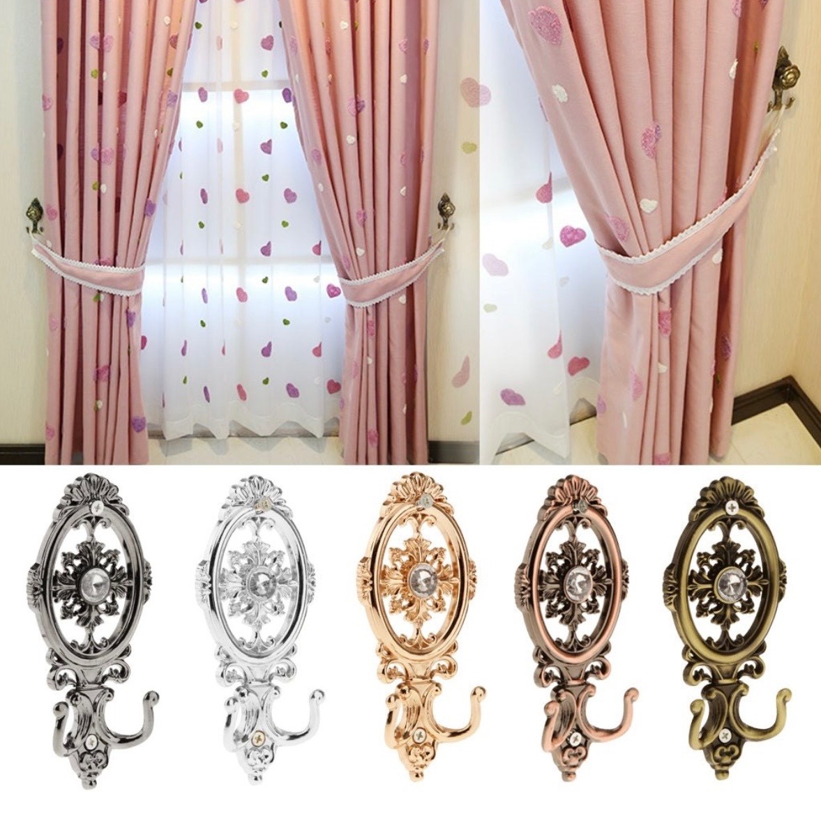 2 pc. Gold Curtain Holdbacks Rhinestone flower curtain hooks for drapes/sheers