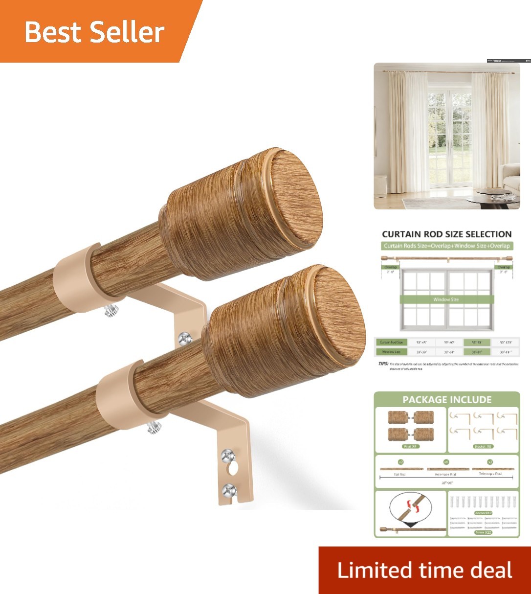 Elegant 5/8” Diameter Adjustable Curtain Rods 30-90 Inch – 2 Pack Wood Grain