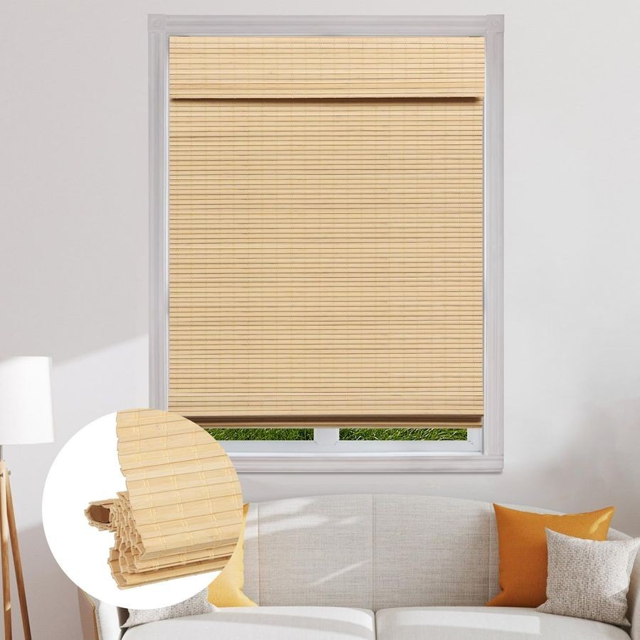 Cordless Natural Bamboo Roman Shades, Blackout Roll Up Blinds 34″ W x 64″ H