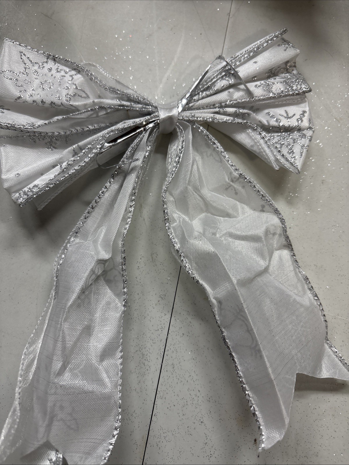 Christmas Tree Ribbon Bow 12 Pcs Silver Patterned Ribbon Xmas Bow