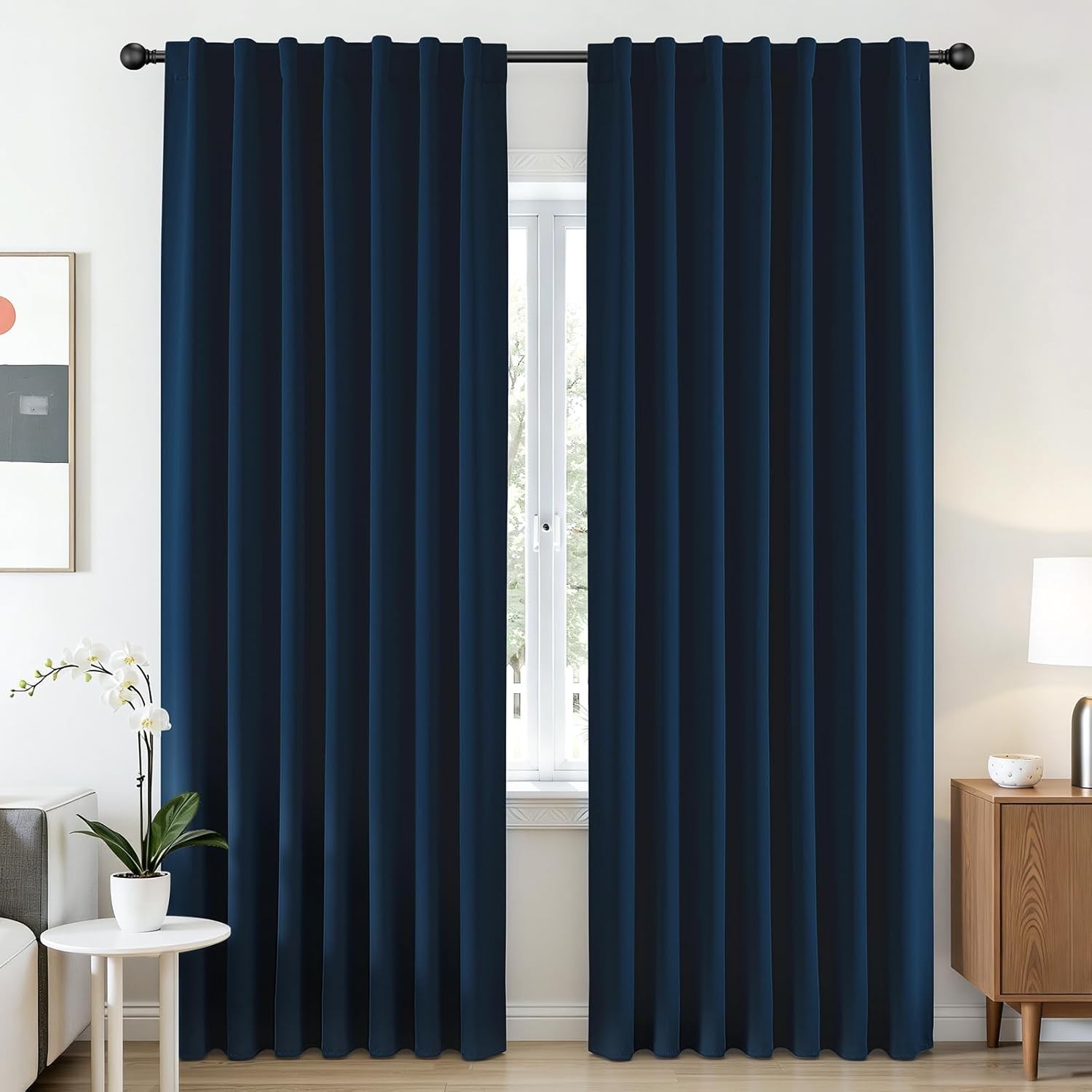 Navy Blue Blackout Curtains 96 Inches Length 2 Panels Set, Rod Pocket and Back