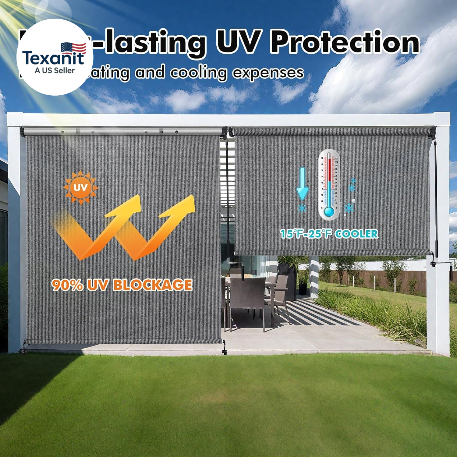 Outdoor Roller Shades with Splicing Design, 10′ W X 8′ H Exterior Cordless Patio