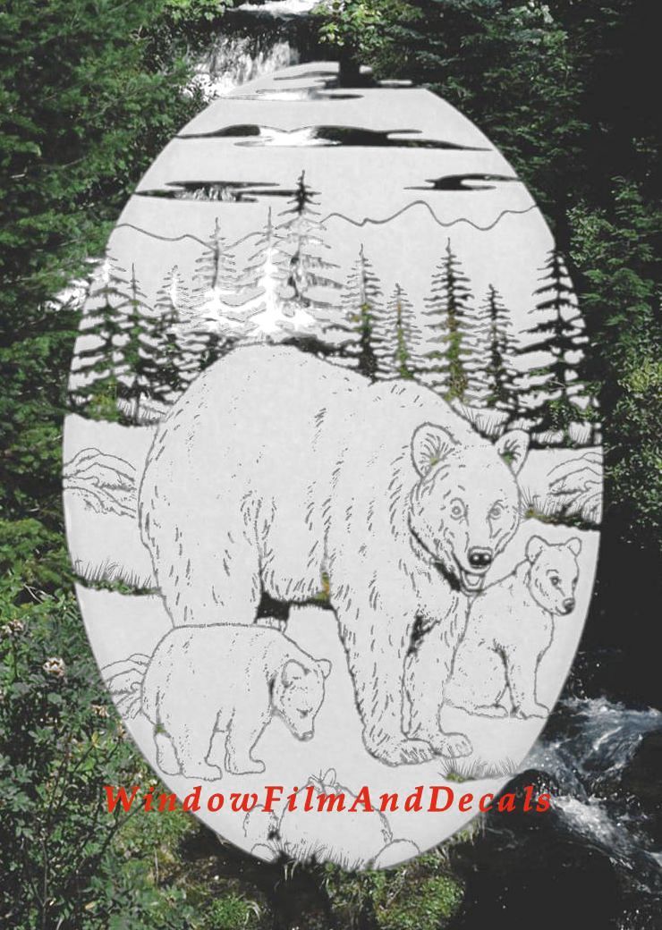 Bears Static Cling Window Decal 10×16 OVAL Etched Glass Look Country Door Decor