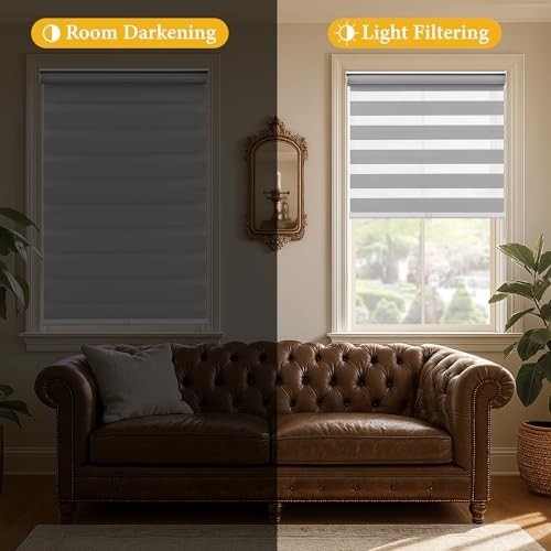 Light Filtering Roller Blinds – Grey Dual Layer Window Shades, 32″ W x 72″ H, Ea