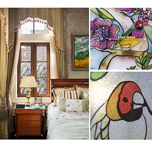 Stained Glass Window Film – 35″x118″, 35 Inx118 In Flower & Bird Pattern
