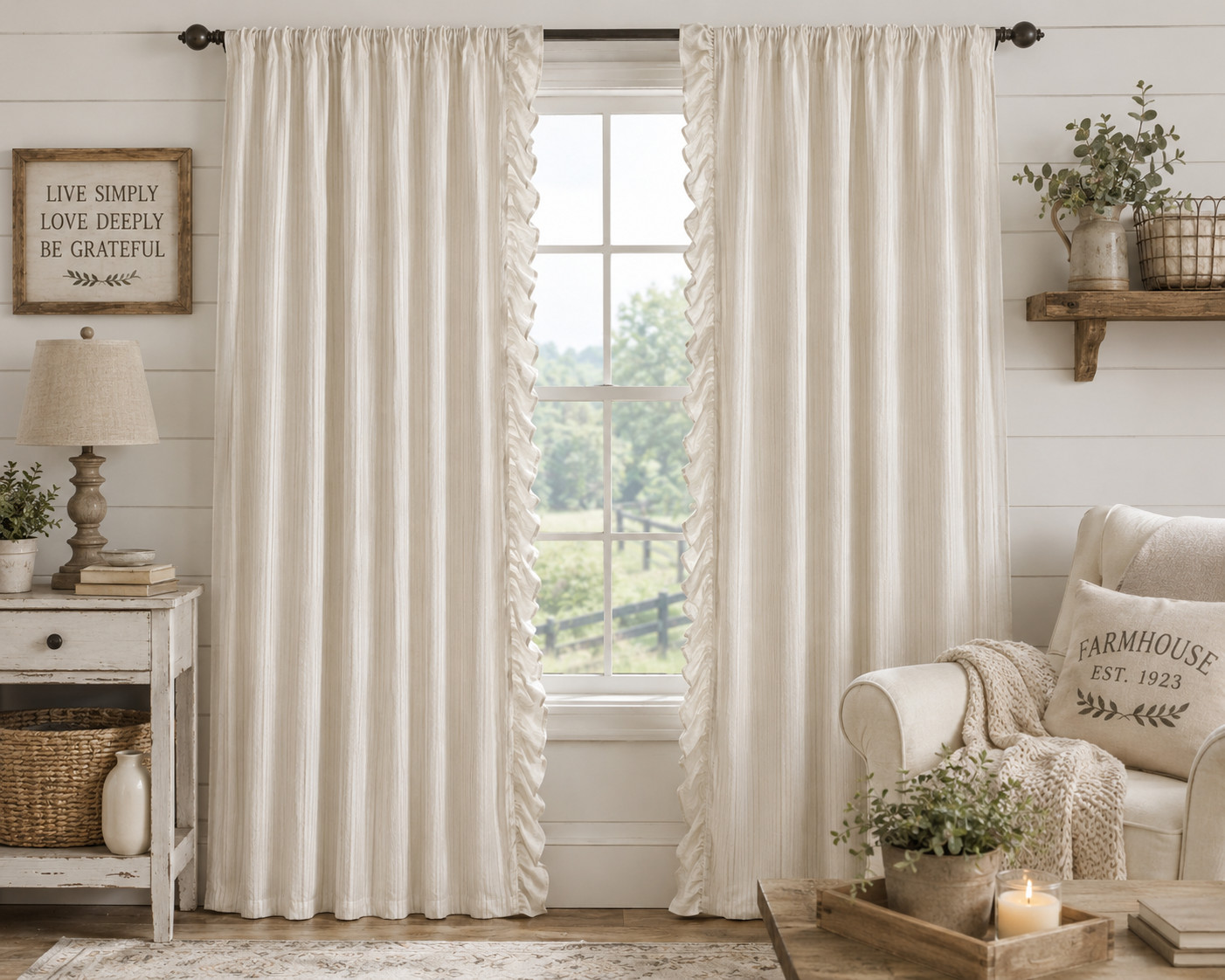 Chateau Chic Set Of 4 Stripe Ruffle Curtain Panels 38×84 Ivory Farmhouse NEW