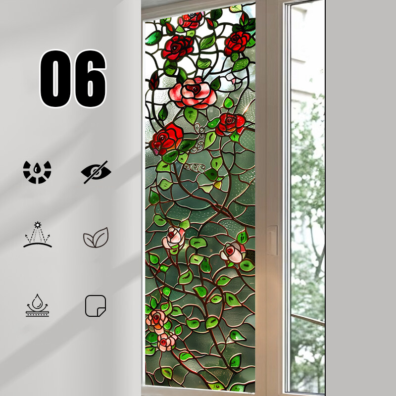 1PC Retro Rose Printed Stained Glass Window Film Self Adhesive Backing Stickers