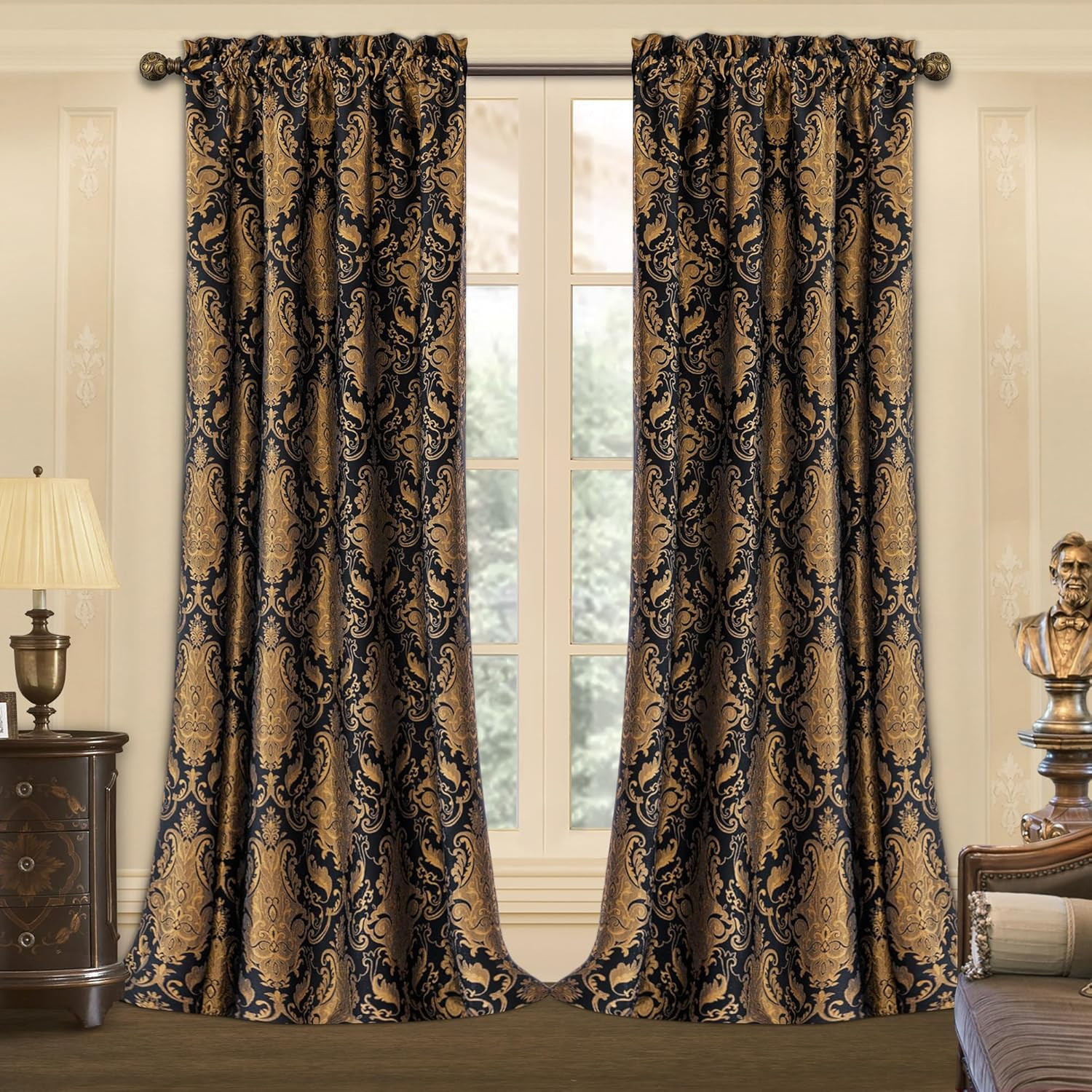 Black Damask Jacquard Curtains 108 Inch 2 Panels Lined Rod Pocket Drapes Set