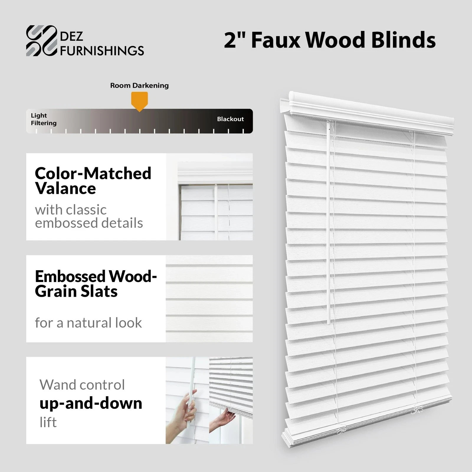 DEZ FURNISHINGS Cordless 2 Faux Wood Blind, 40 W x 48H, White