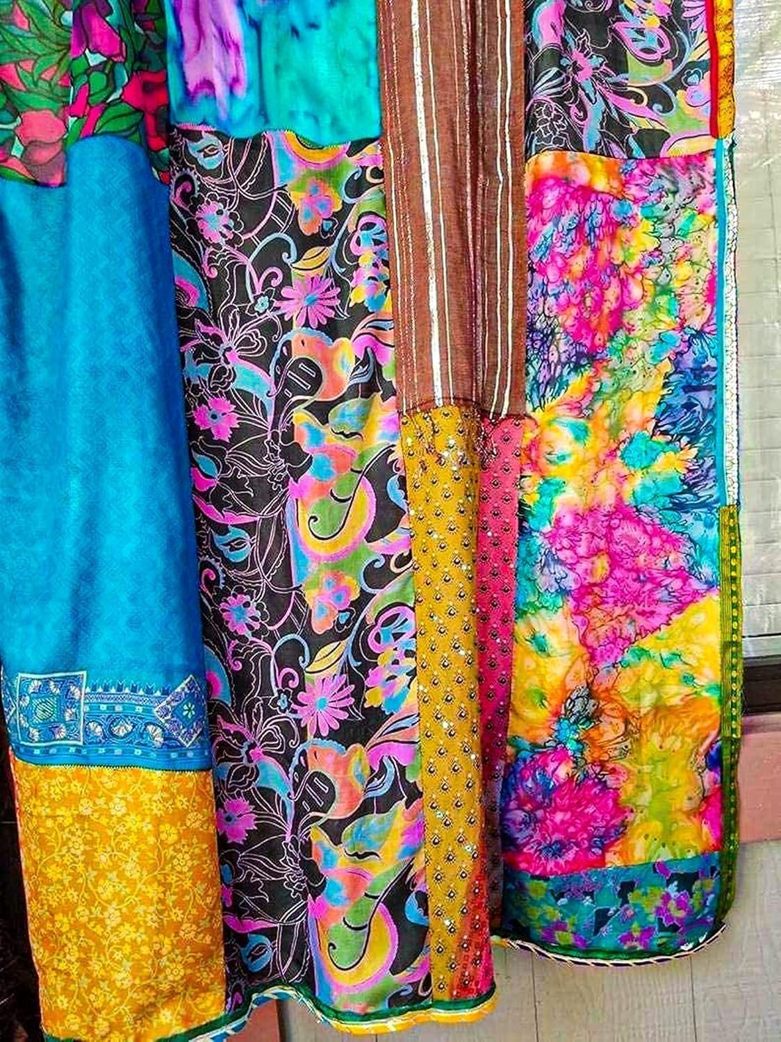 2 Pcs Indian Sari Patchwork Curtain Drape Window Decor Silk Sari Multi Curtain
