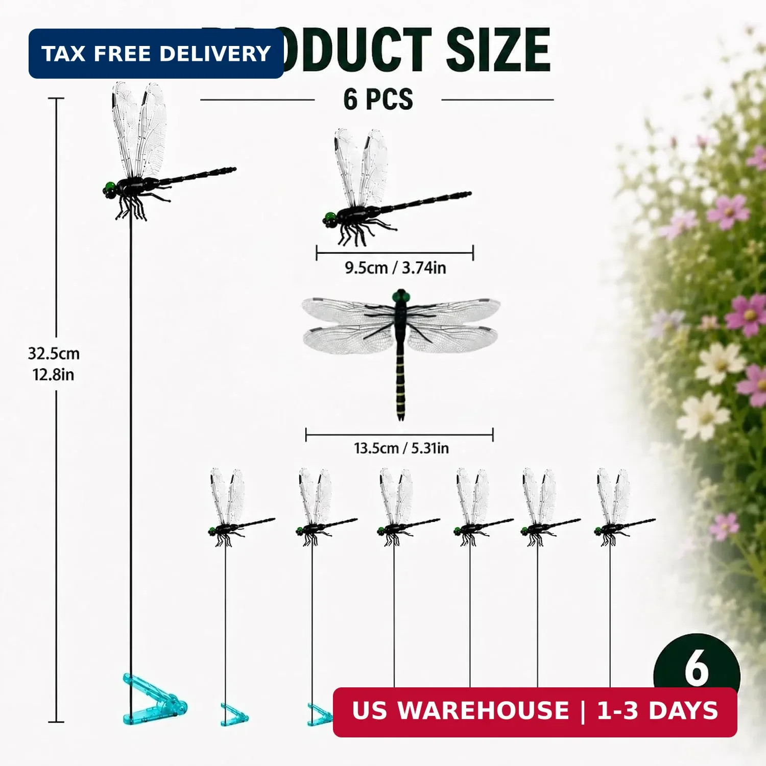 6 PCS Black Dragonfly Clips for Garden Decor, Realistic 3D Black Dragonfly Stake