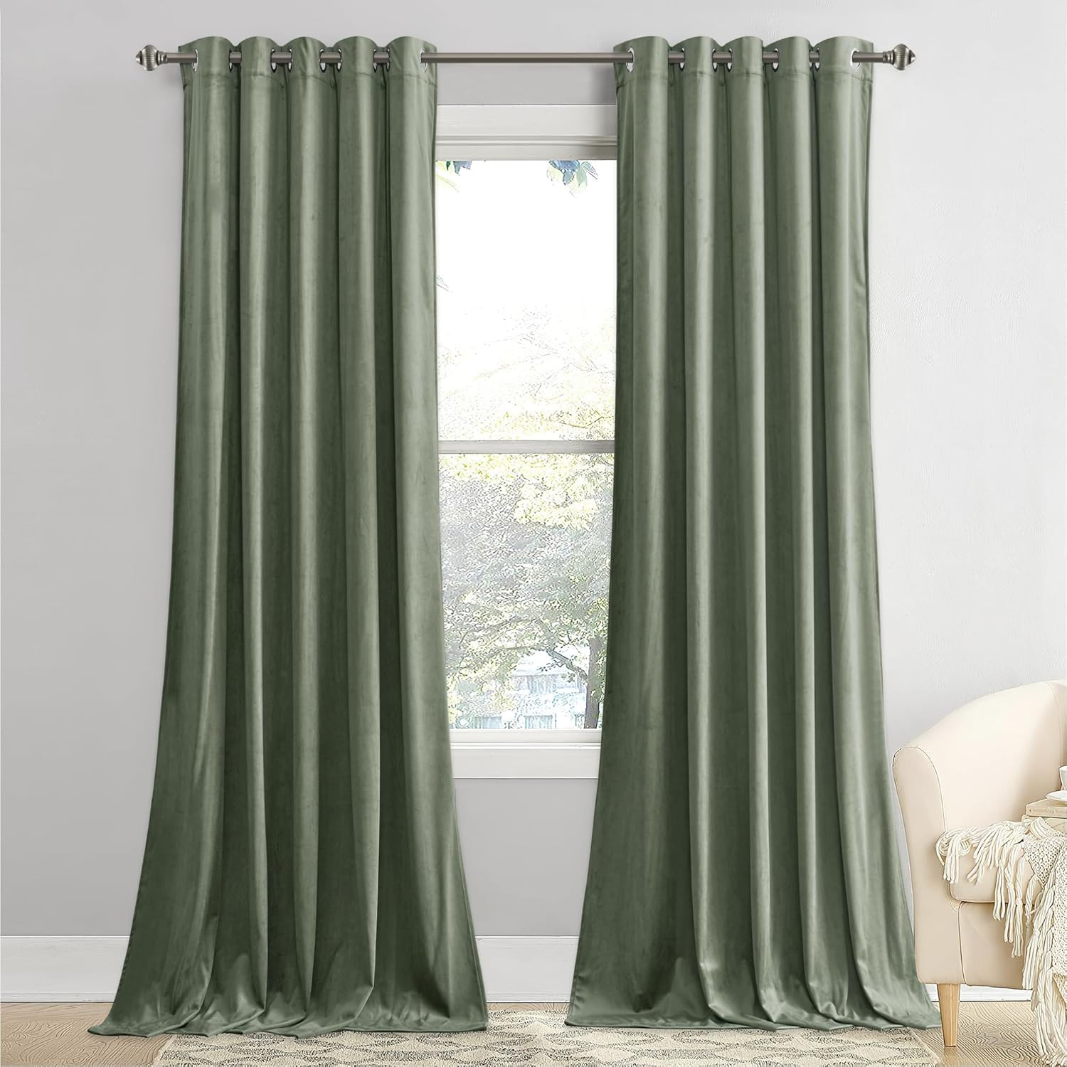 Sage Green Velvet Room Darkening Curtains 96″ – Set of 2 Grommet Drapes