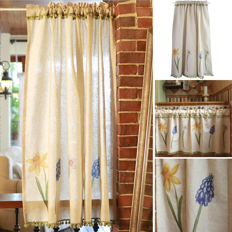 Vintage Floral Print Half Short Curtain Pom Pom Cafe Window Drape Cabinet Door