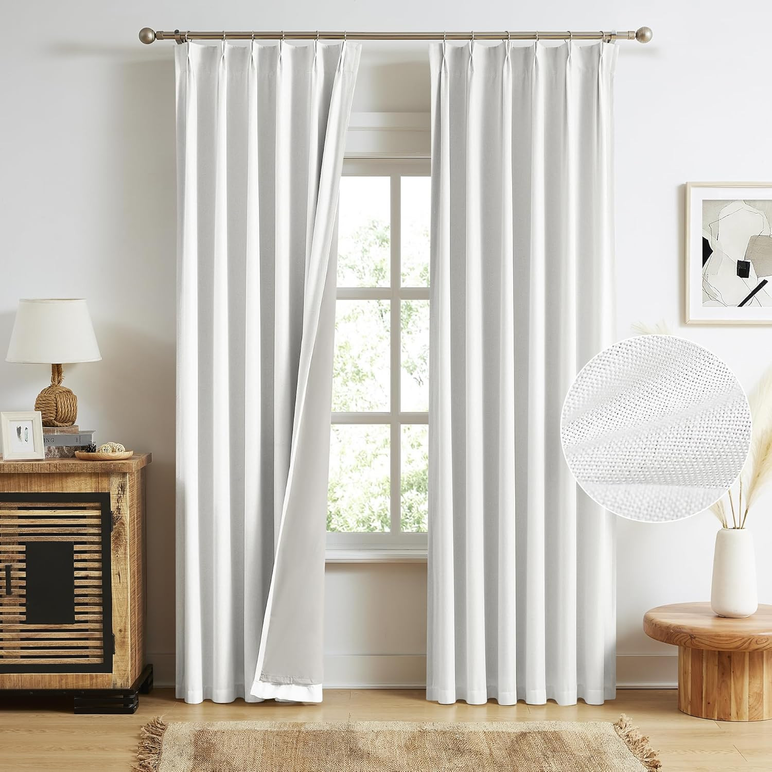 Full Blackout 90 Inch Pinch Pleat Curtains 2 Panels, Greyish White | Linen Textu