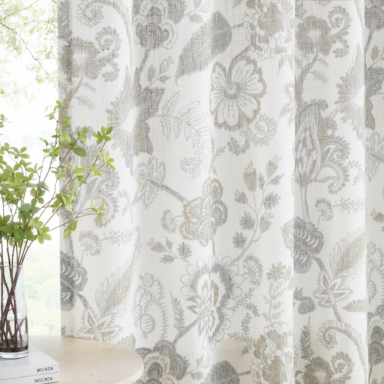 Floral Leaf Print Light Filtering Curtains Grey Linen Botanical Leaf Flower