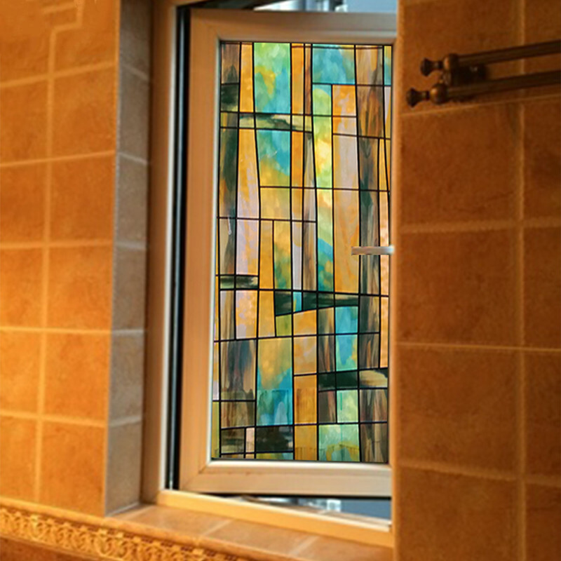 Static Cling Window Films Geometric Stained Opaque Glass Sticker No Glue Retro