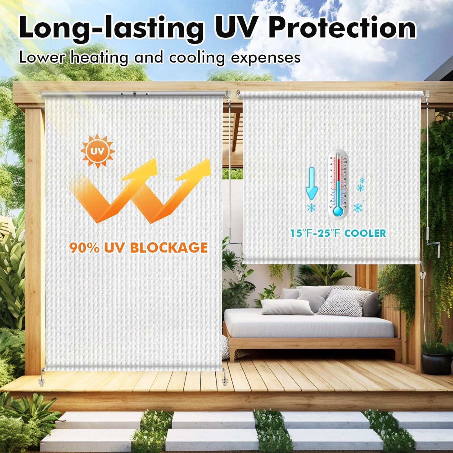Outdoor Roller Shade 10′ W x 8′ H, White Exterior Cordless Patio Roll Up Blinds