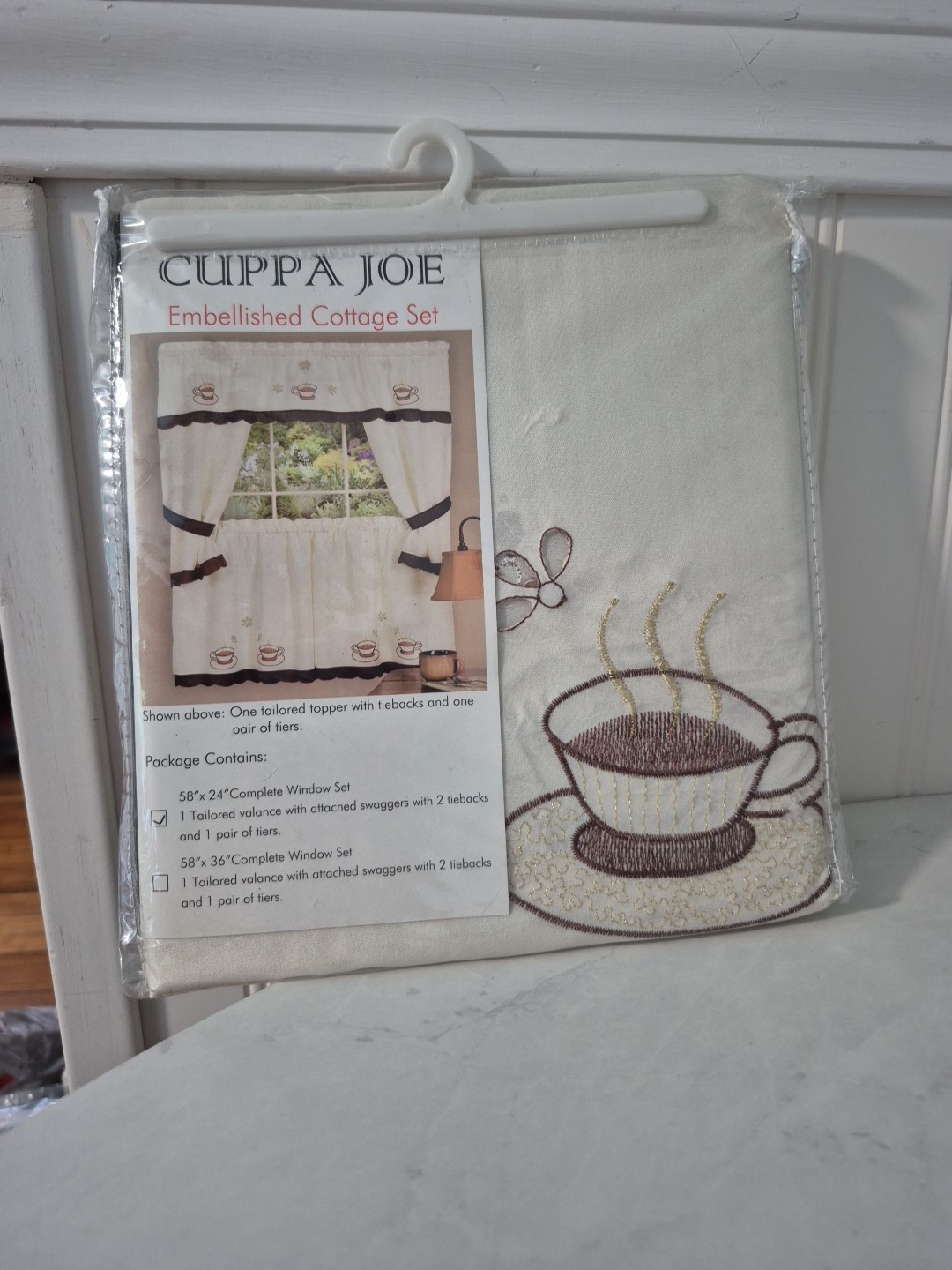 CUPPA JOE/Embellished Cottage Curtains Set: Tiers & Swag,Brown Accents/Coffee