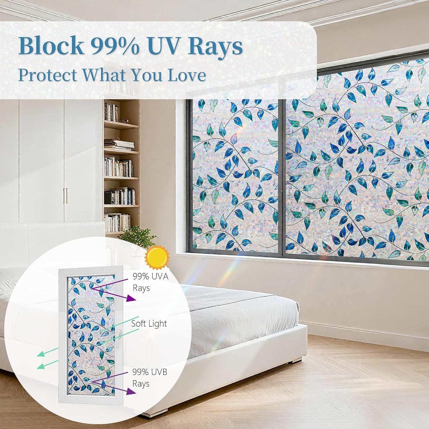 Finnez Window Privacy Film 3D Static Cling Window Film with Rainbow Effect, No G