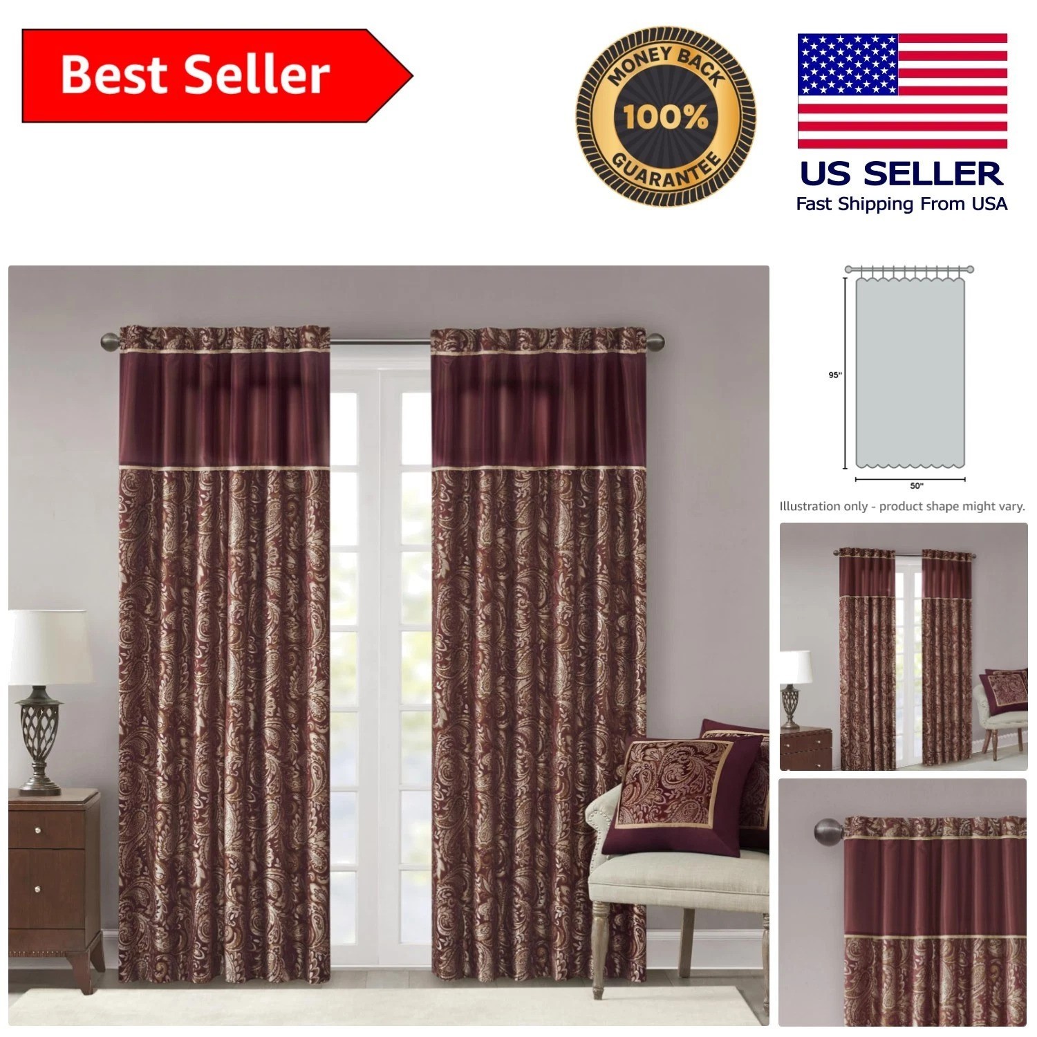 Elegant Faux Silk Burgundy Drapes – Aubrey 2 Panel Room Darkening Curtains 50×95