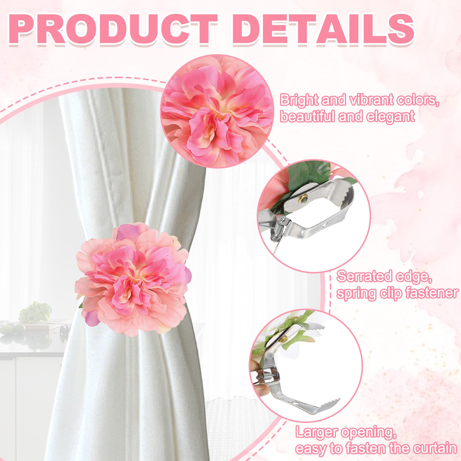 2PCS Flower Curtain Clips, Curtain Tiebacks Decorative Holdback, Orange Pink