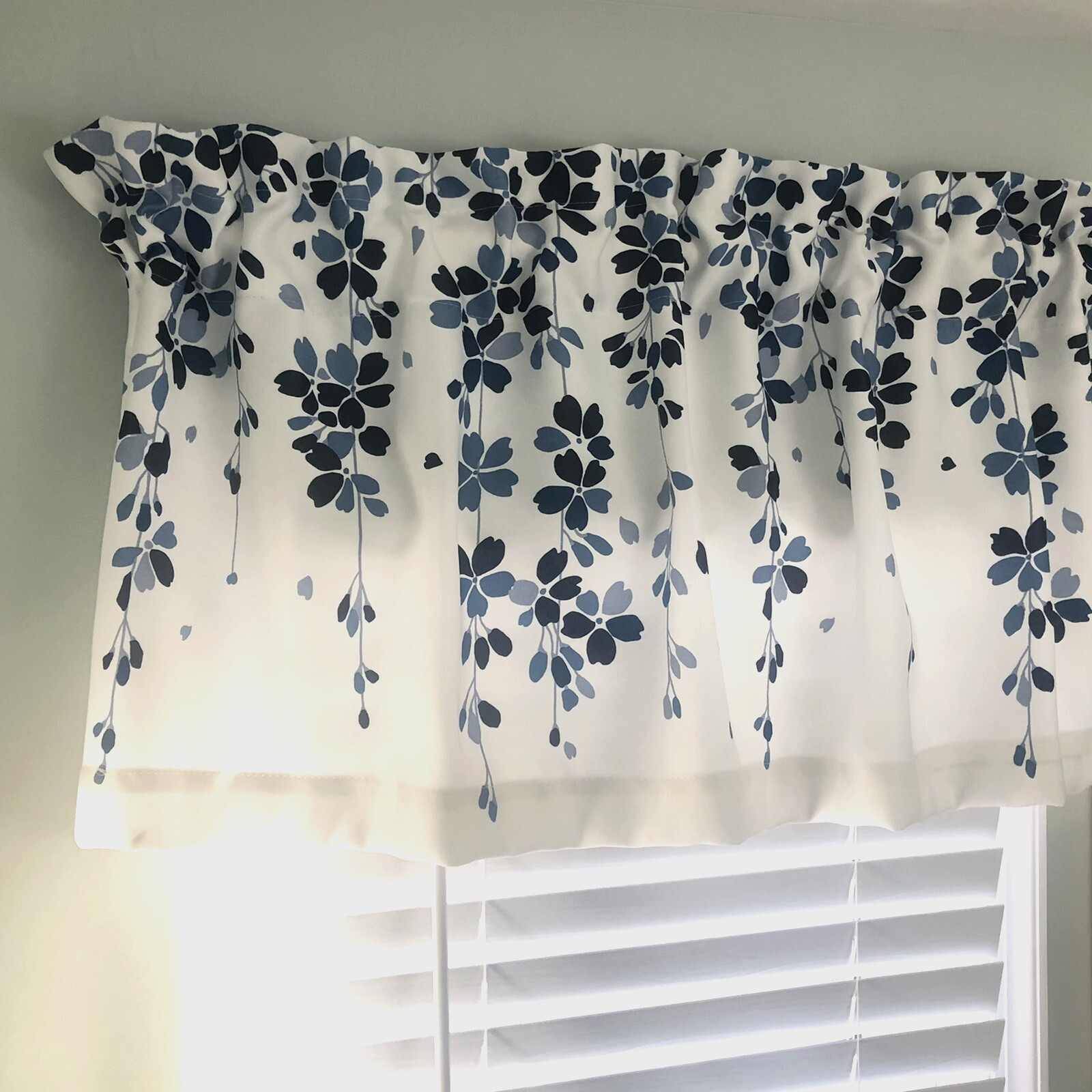 Half Moon Window Valance White Blue Floral Polyester 52 x18″ Soft Fabric
