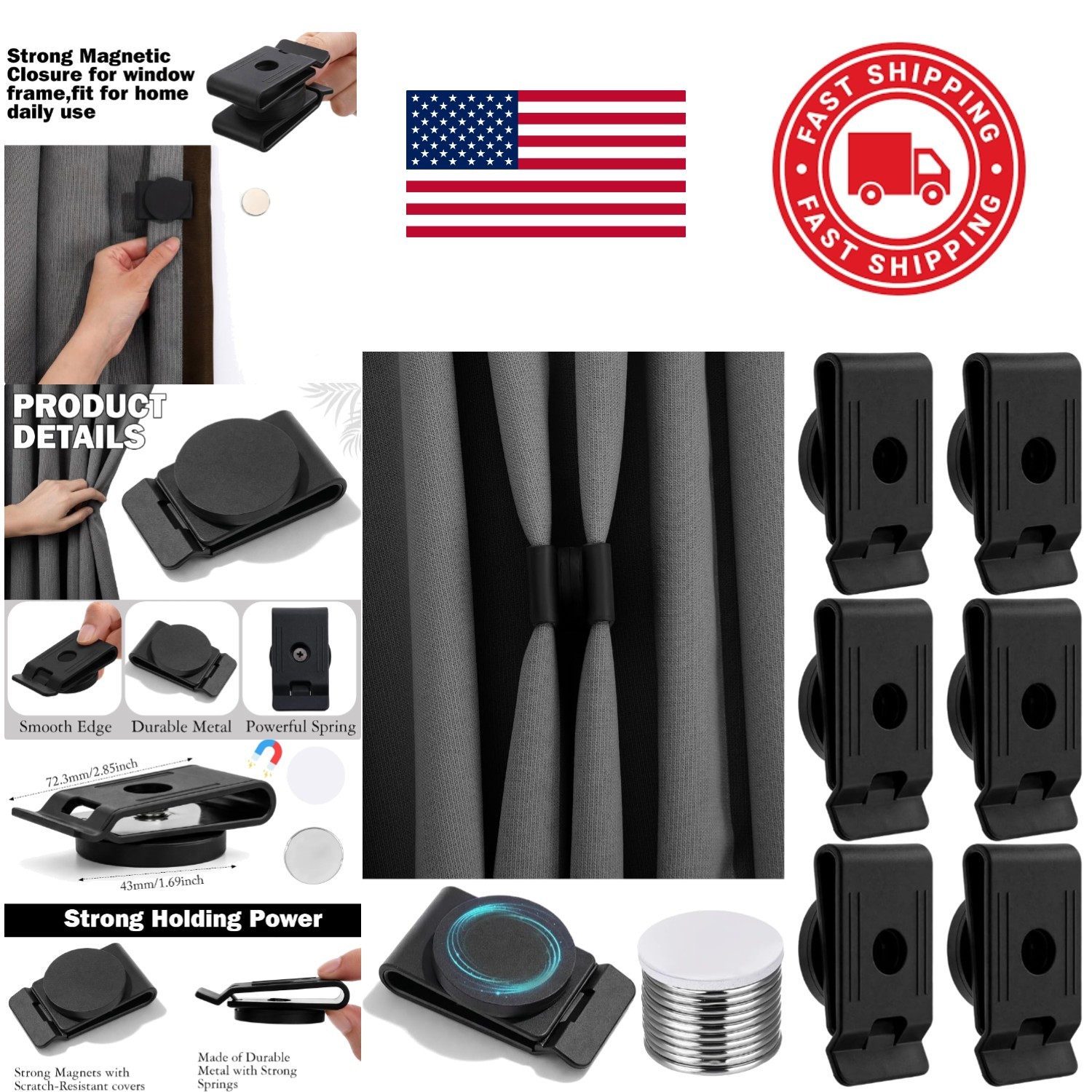 Magnetic Curtain Closures 6 Count Black Waterproof Fabric for Outdoor Use