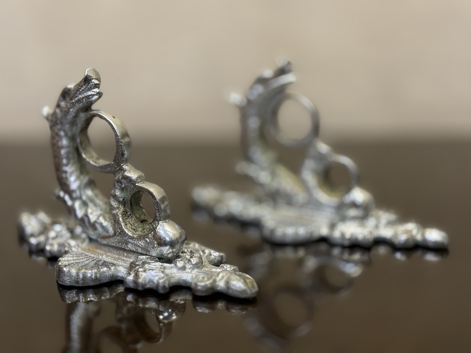 Pair Vintage Soviet Bronze Sea Dragon Curtain Brackets Nickel 1970s USSR