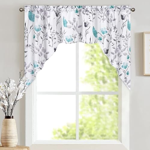 Floral Swag Curtains Watercolor Flower Leaves for 60″W x 36″L (Pack of 1) Teal