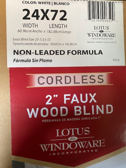 LOTUS & WINDOWARE Cordless 2″ Faux Wood Blind 24″ Wide x 72″ Long, White (NEW)