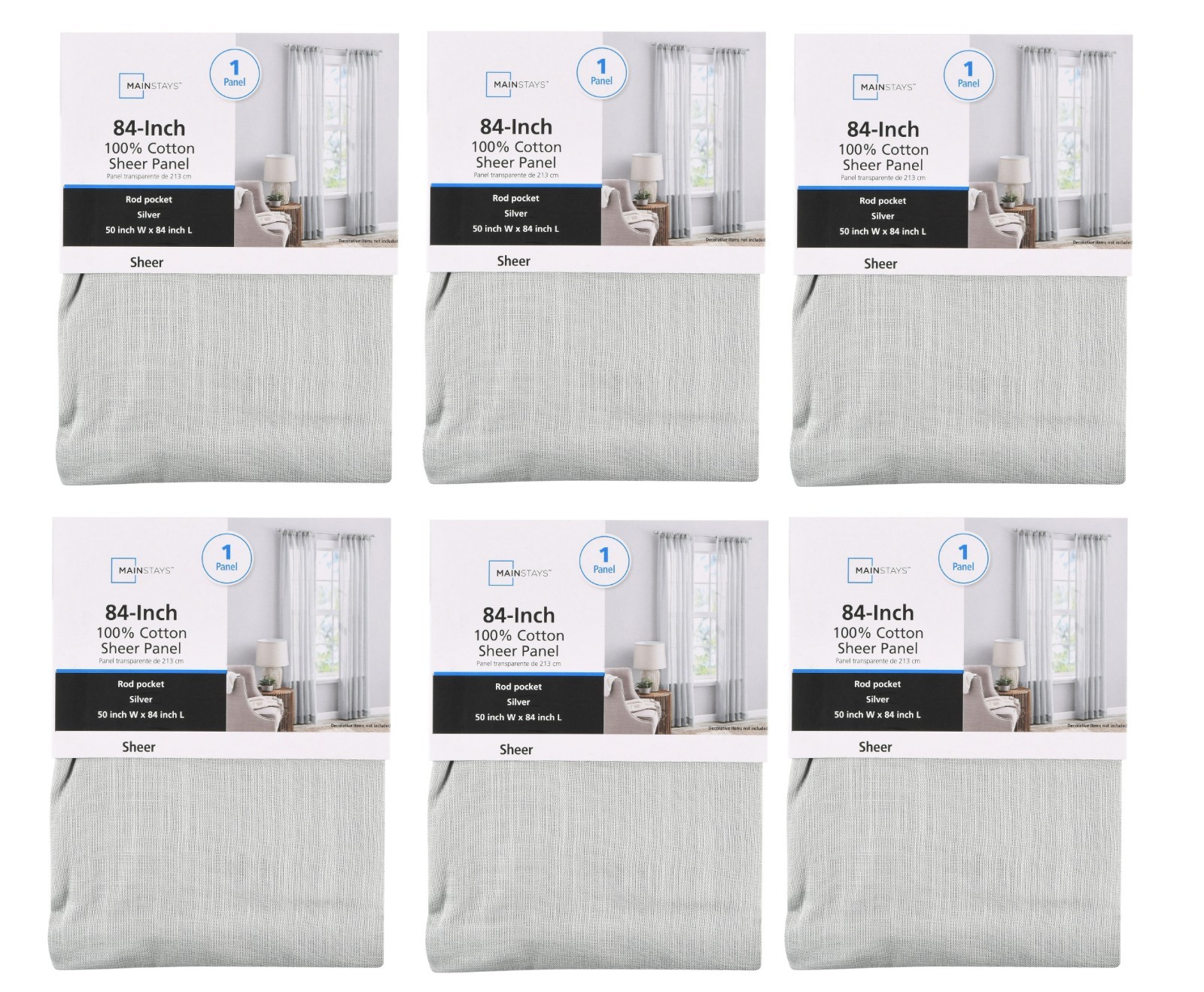 LOT OF 6 Mainstays 100% Cotton 84″ Sheer Rod Pocket Single Panels SILVER GREY