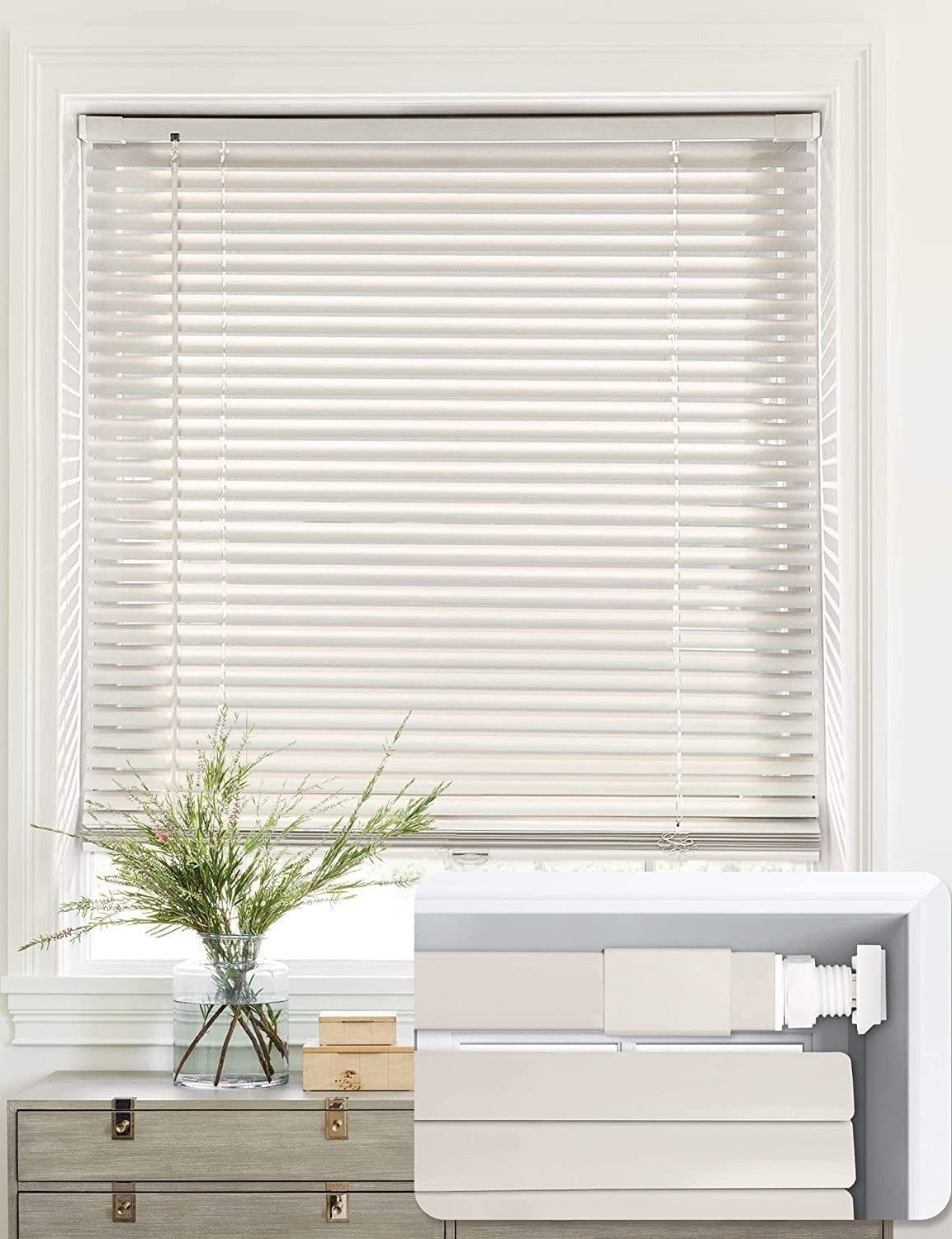White Aluminum Cordless Mini Blinds Light Filtering Window Frame Mounted Tilt W…