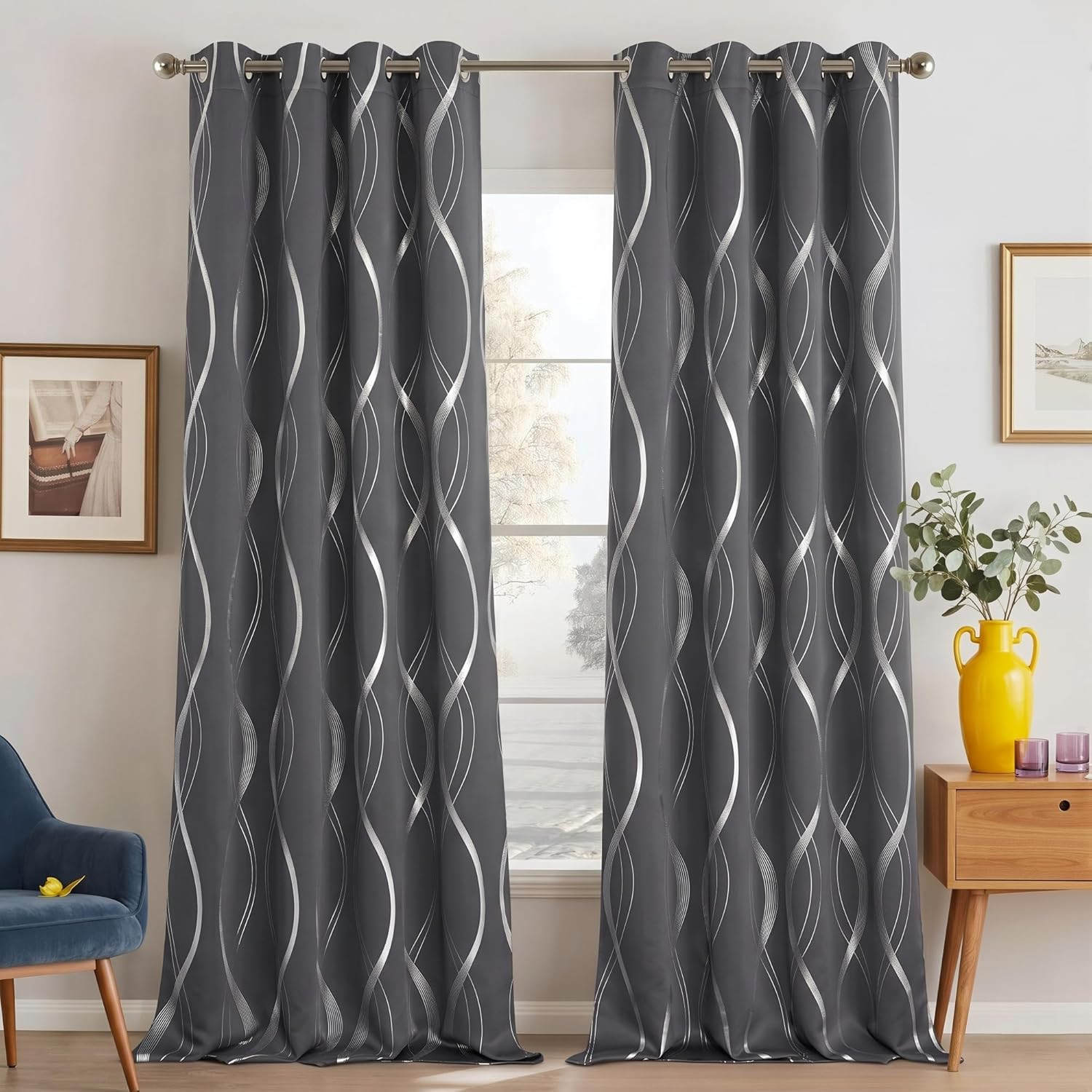 Grey Blackout Striped Pattern Curtains for Living Room 84 Inch Long 2 Panels Set