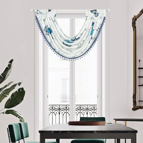 Vintage Print Voile Waterfall Valance 30″W x 24″L (Pack of 1) Blue Butterfly