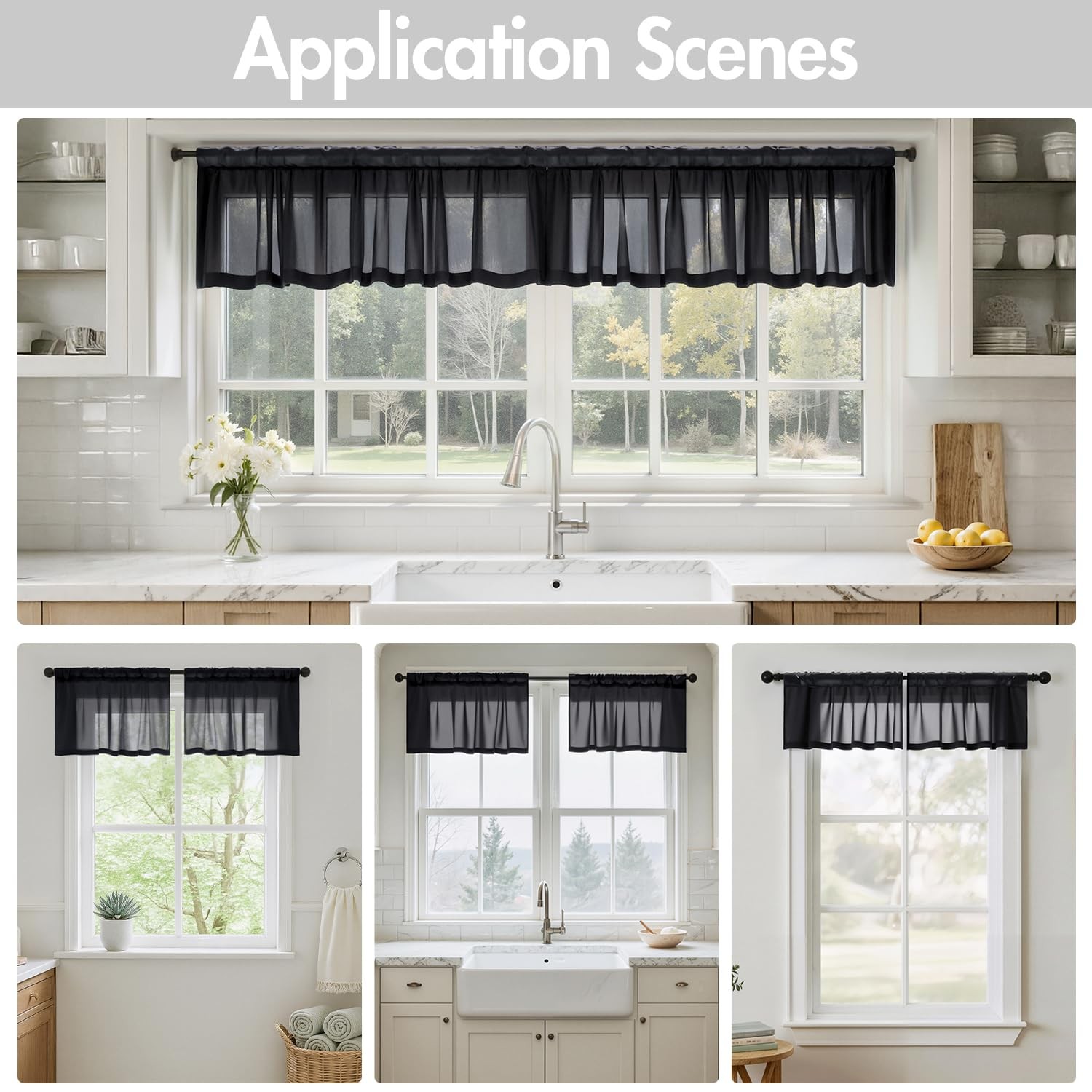 Black Window Valance Set, 4 Panels, Light Filtering, Small Windows Treatment,
