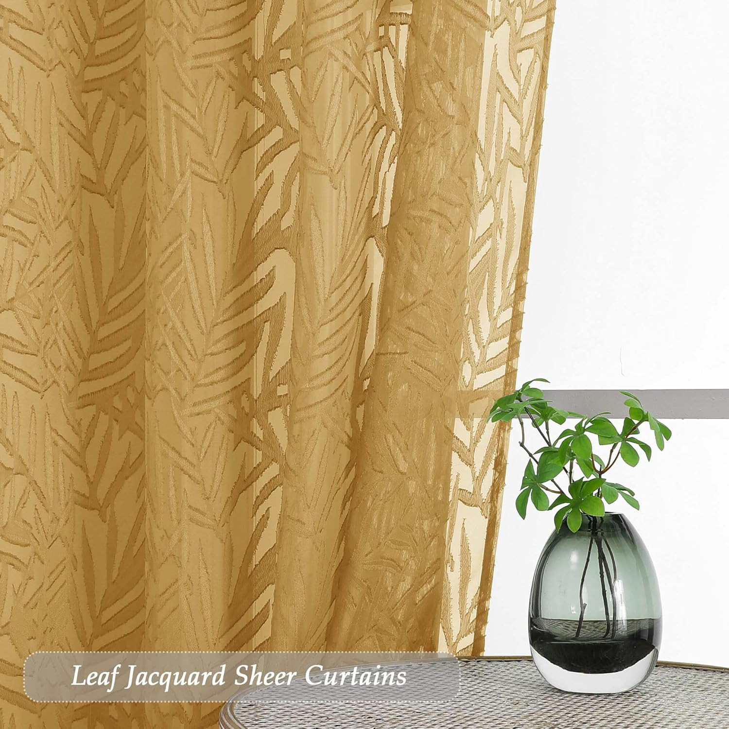 Extra Wide Gold Sheer Curtains 108 Inches Long 2 Panels Set, Leaf Lightweight T