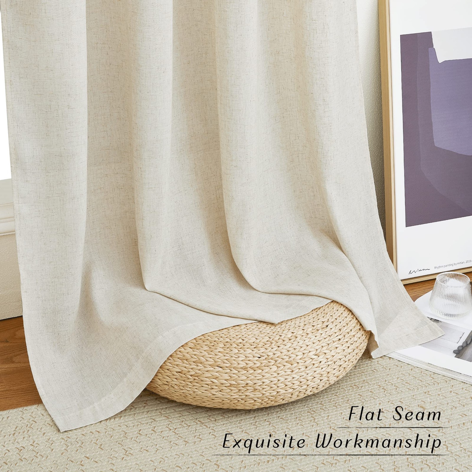Natural Linen Curtains 84 inch Long 2 Panels Set, Grommet Top Thick Linen Bur…