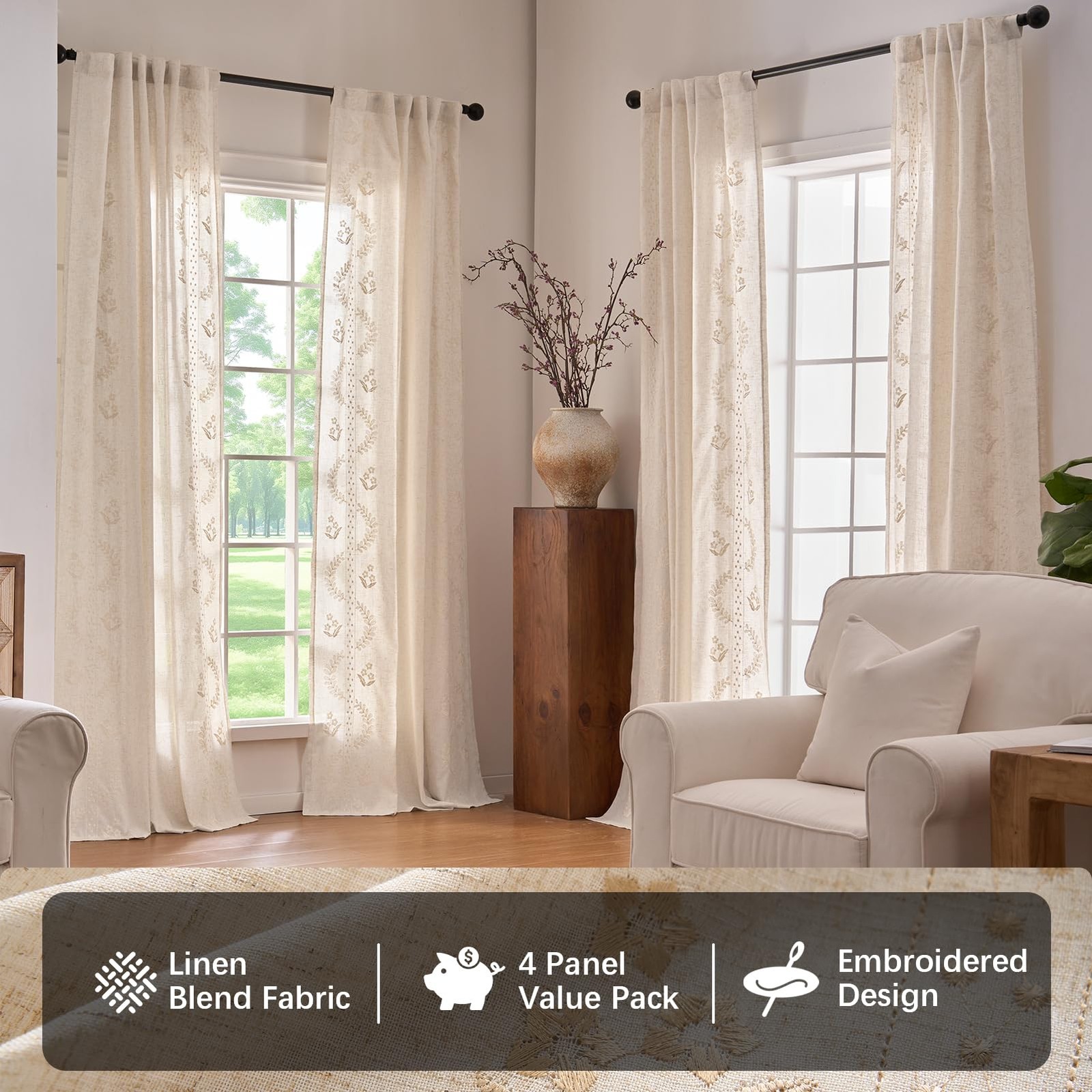 jinchan Belrose 4 Panel Curtains Set 84 Inch Length Floral Curtains Linen Ble…