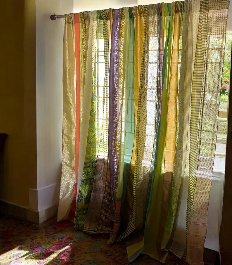 2 Pc Indian Old Recycle Silk Saree Boho Multi Curtain Door Drape Decor Curtain