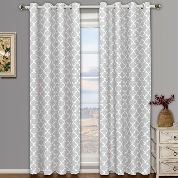 Set 2 Silver White Geo Lattice Curtains Panels Drapes 63 84 96 108 in Darkening