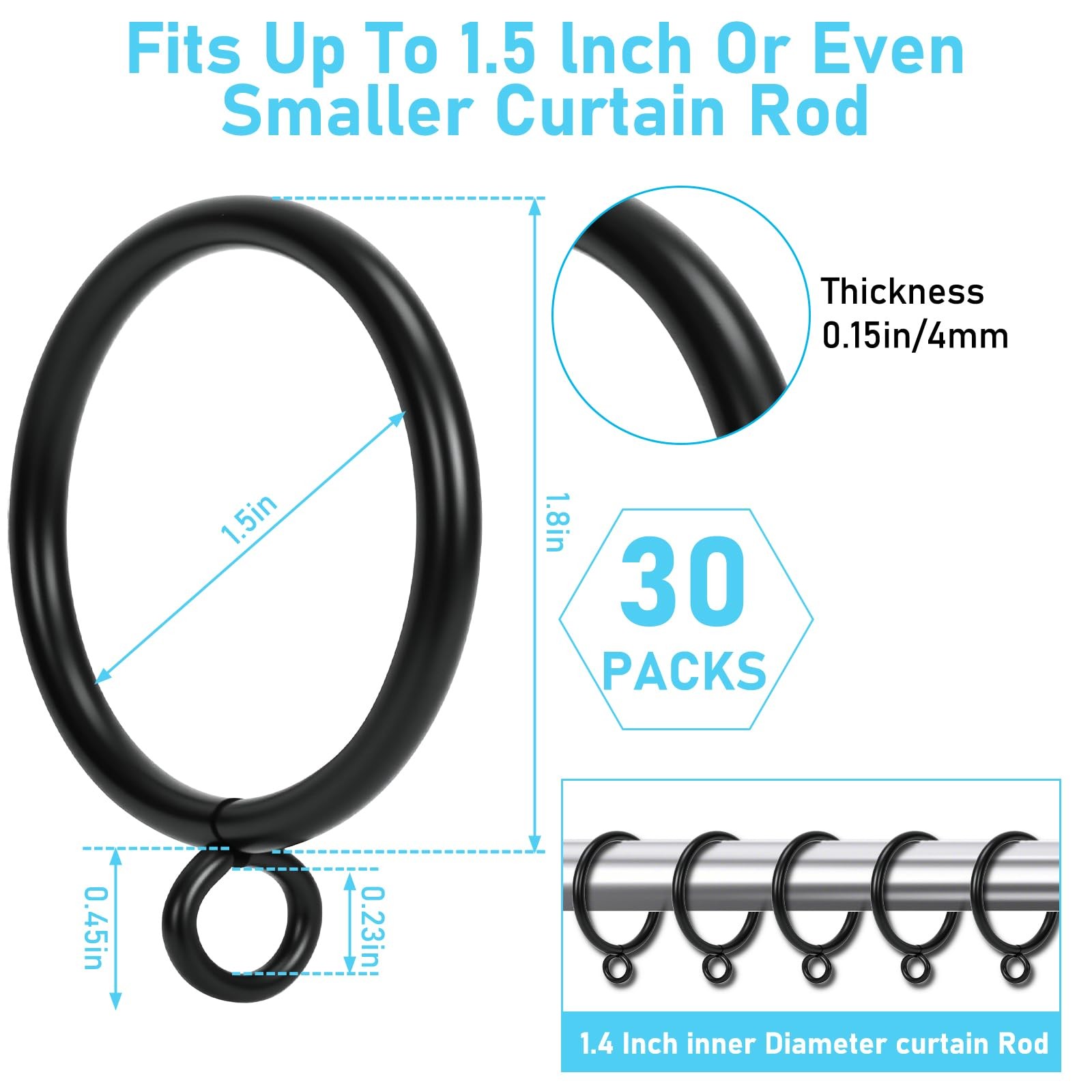 30 Pack Curtain Rings with Eyelets -Black Metal Drapery Hooks for Pinch Pleat…