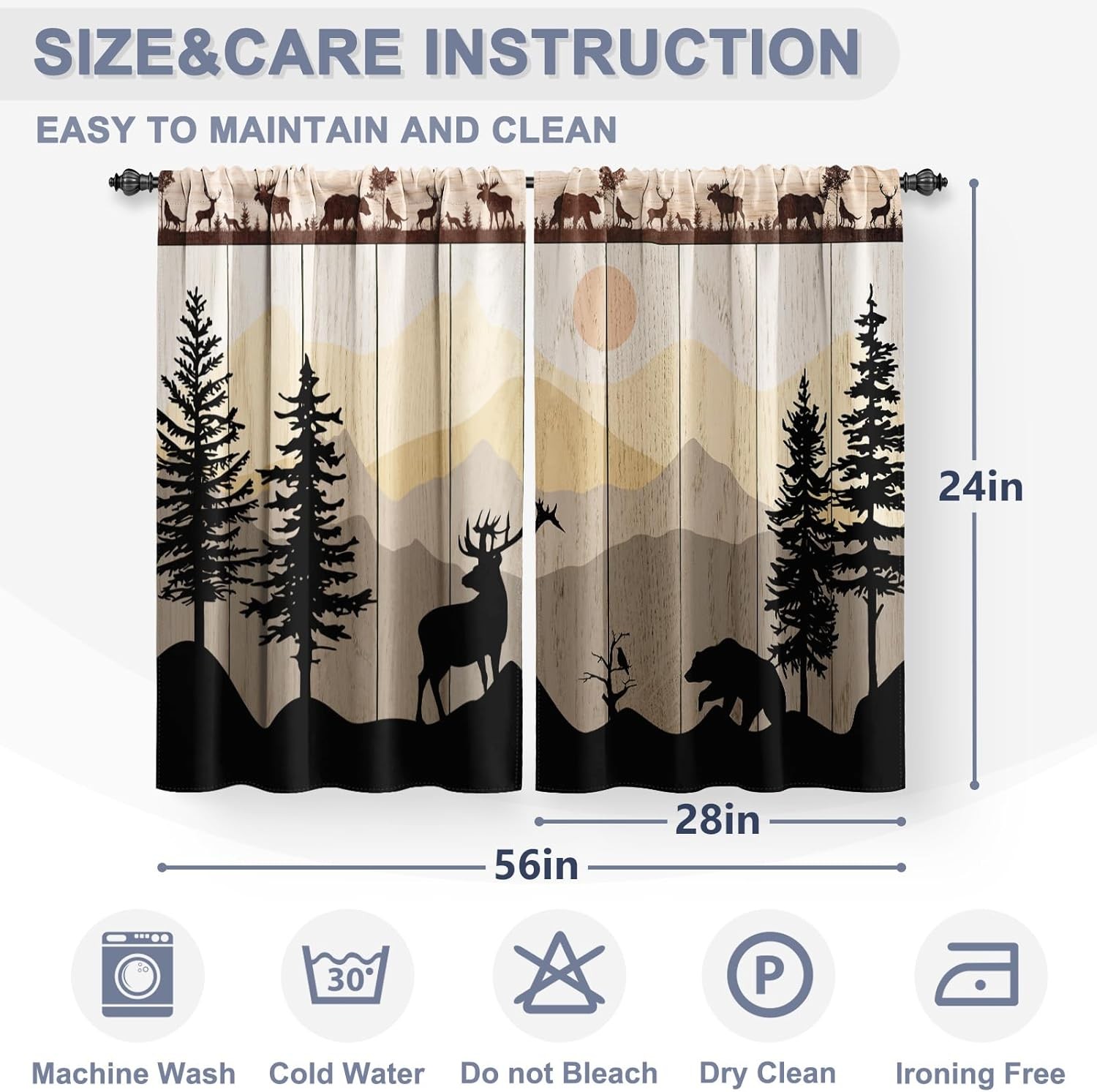 Forest Animal Cabin Kitchen Curtains Sunset Country Bear Deer Nature Printed